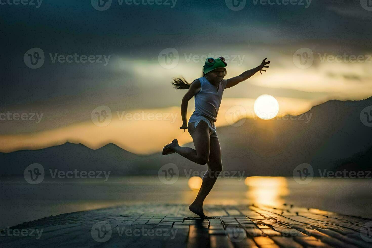 a girl jumping on a dock at sunset. AI-Generated photo