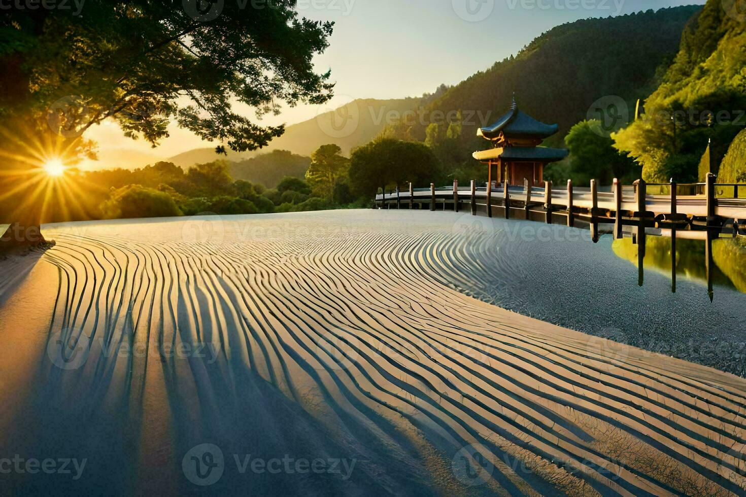 puesta de sol a japonés templo en Kioto. generado por ai foto