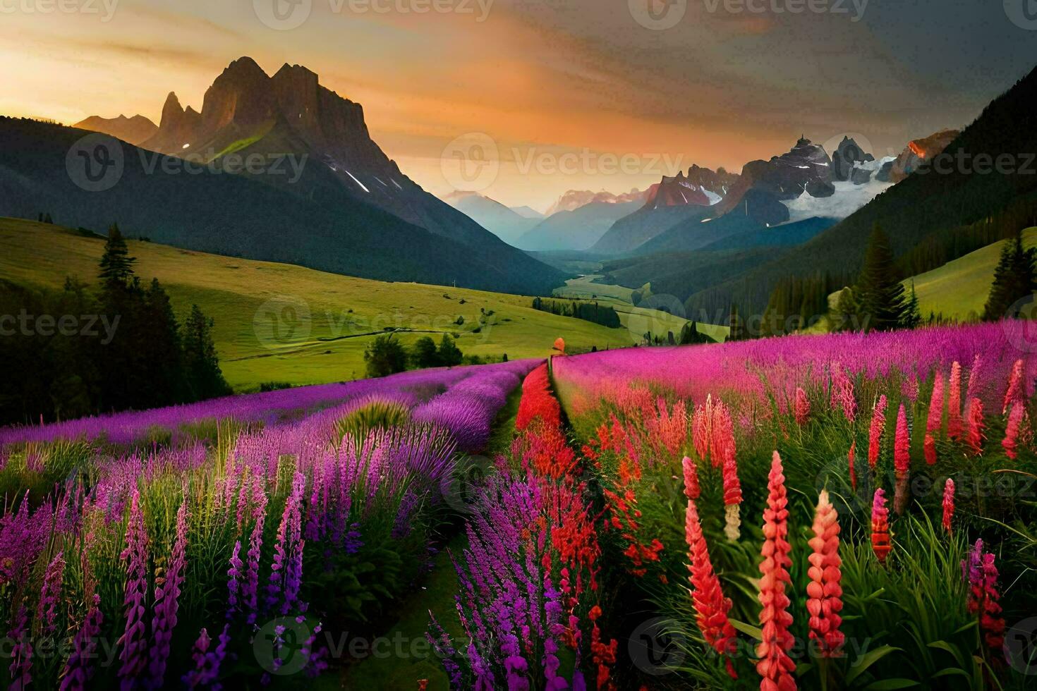 a beautiful field of purple flowers and mountains. AI-Generated photo