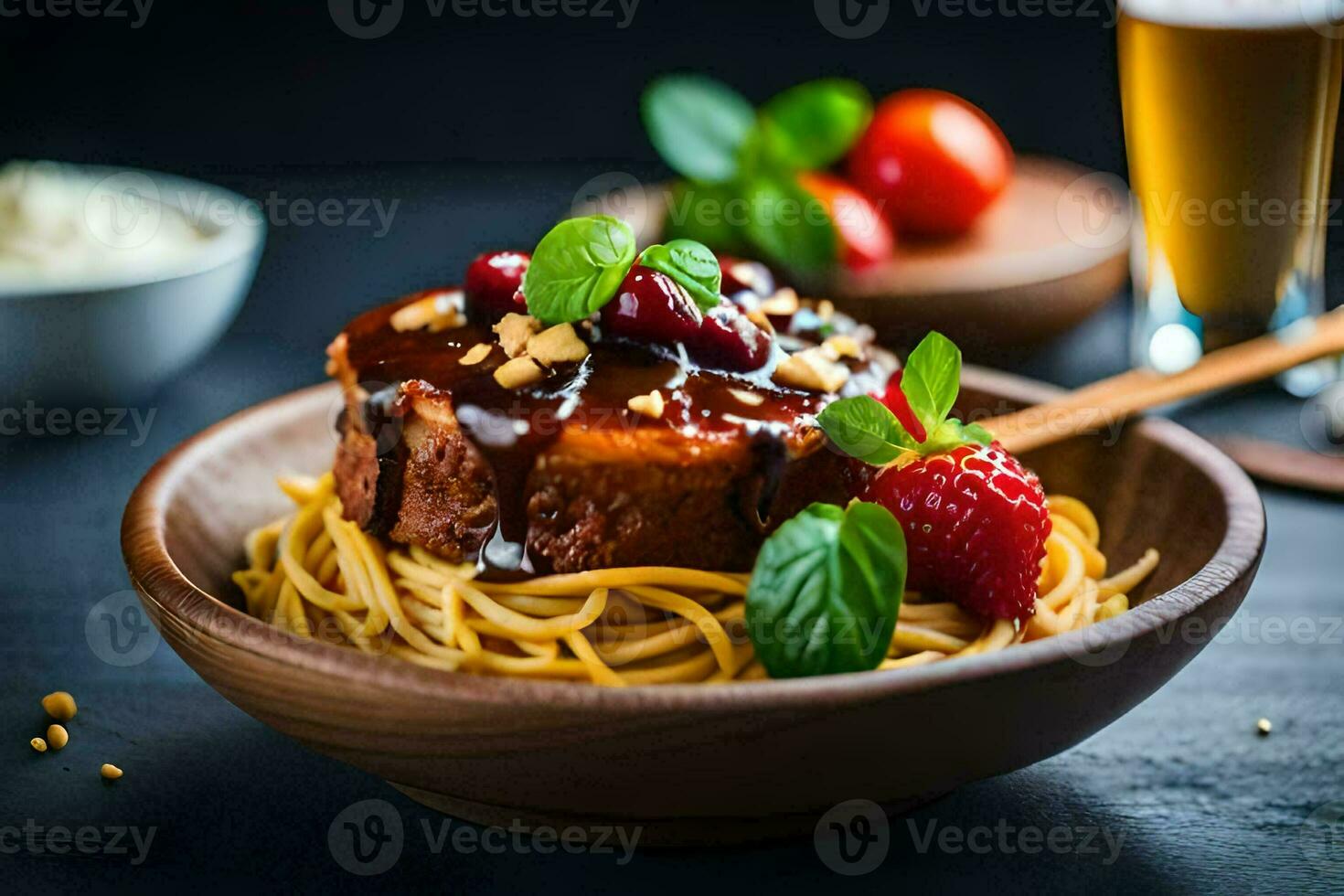 spaghetti with meat sauce and cherry tomatoes in a wooden bowl. AI-Generated photo