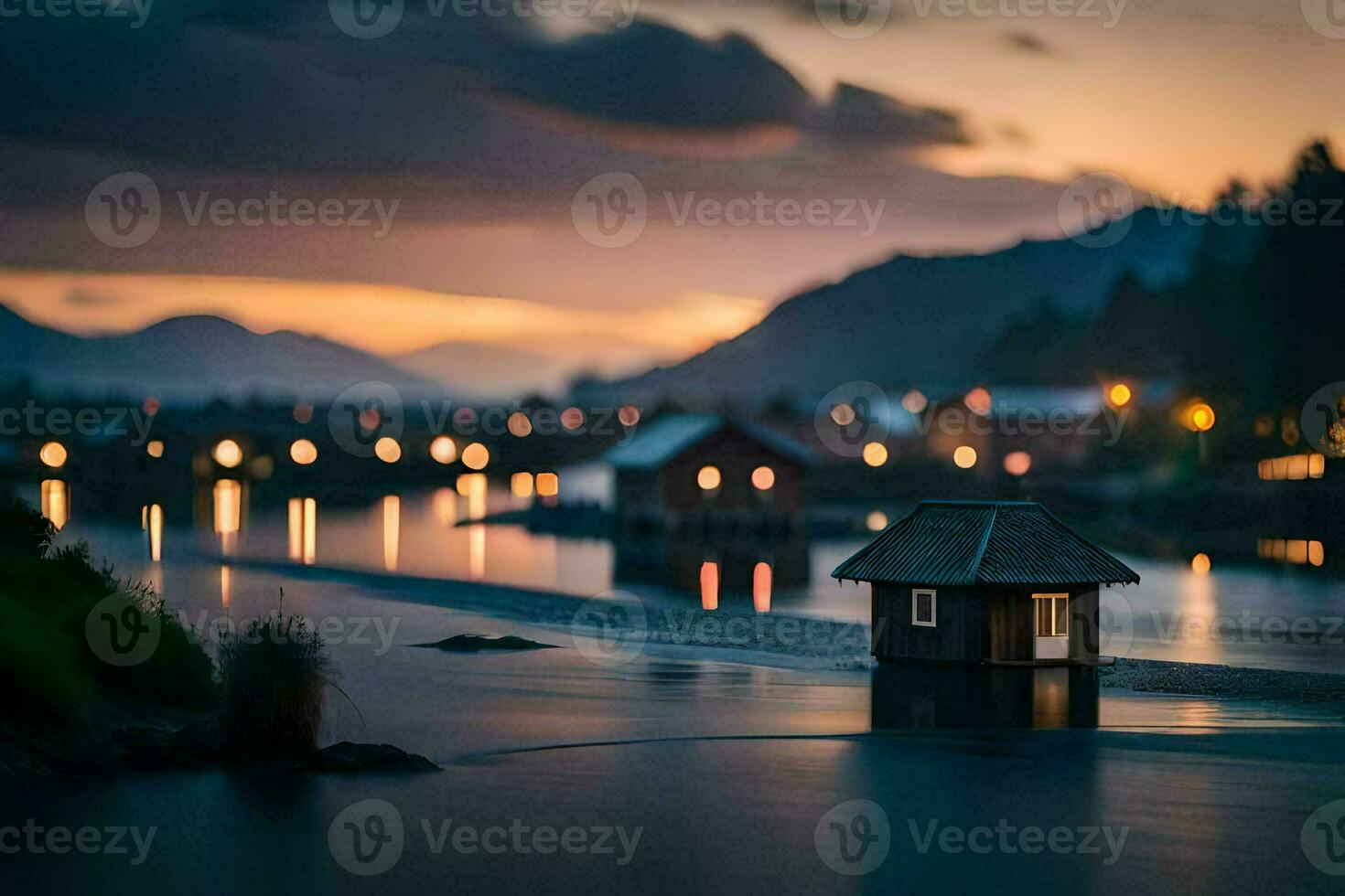 a small house sits on the shore of a lake at dusk. AI-Generated photo