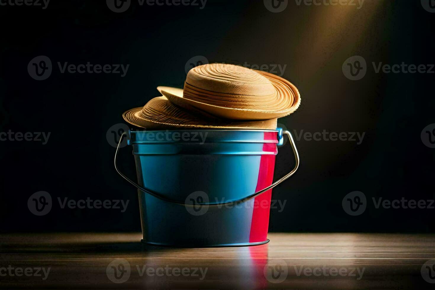 un Cubeta con dos sombreros en eso en un oscuro mesa. generado por ai foto