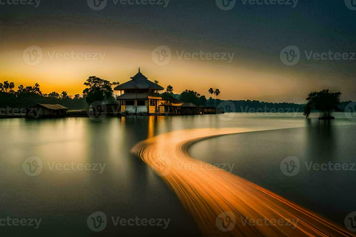 a long exposure photograph of a house on the water at sunset. AI-Generated photo