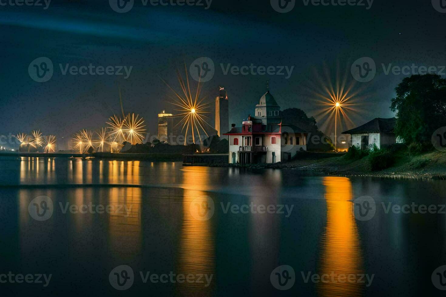 a lighthouse and a house on the water at night. AI-Generated photo