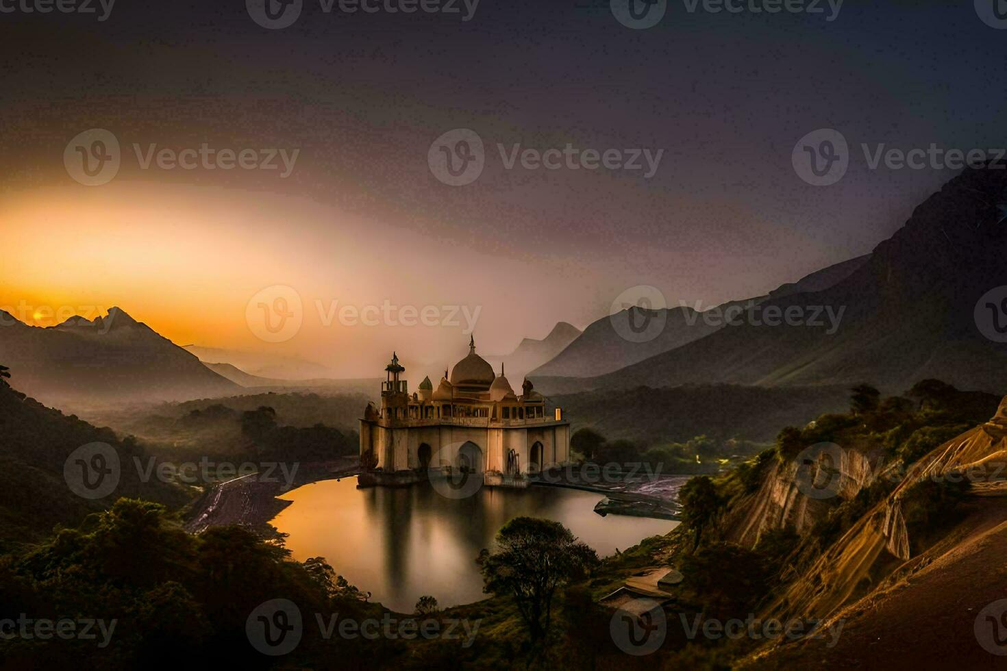 the sun rises over a lake and a temple. AI-Generated photo