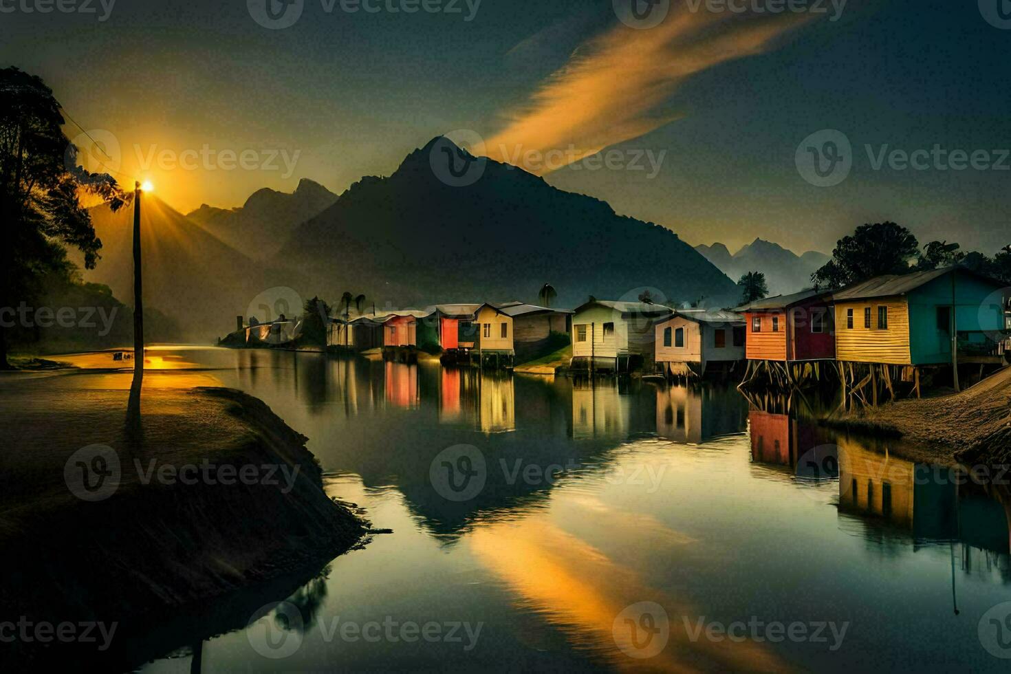 photo wallpaper the sky, mountains, water, the sun, the mountains, the river, the. AI-Generated