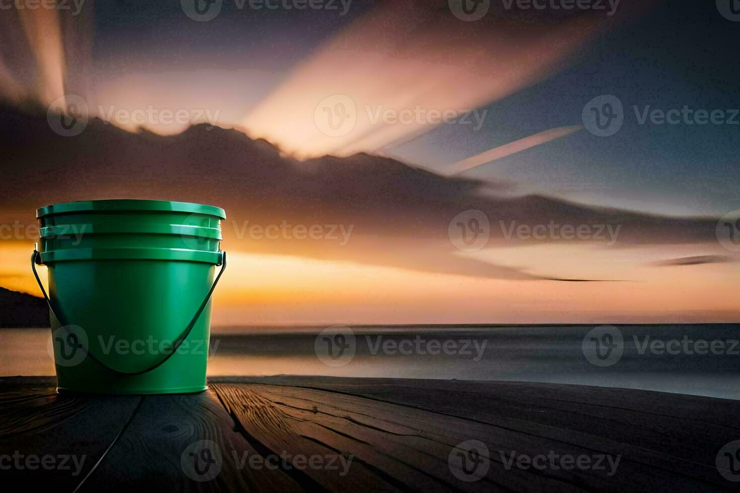 a green bucket sits on a wooden deck overlooking the ocean. AI-Generated photo