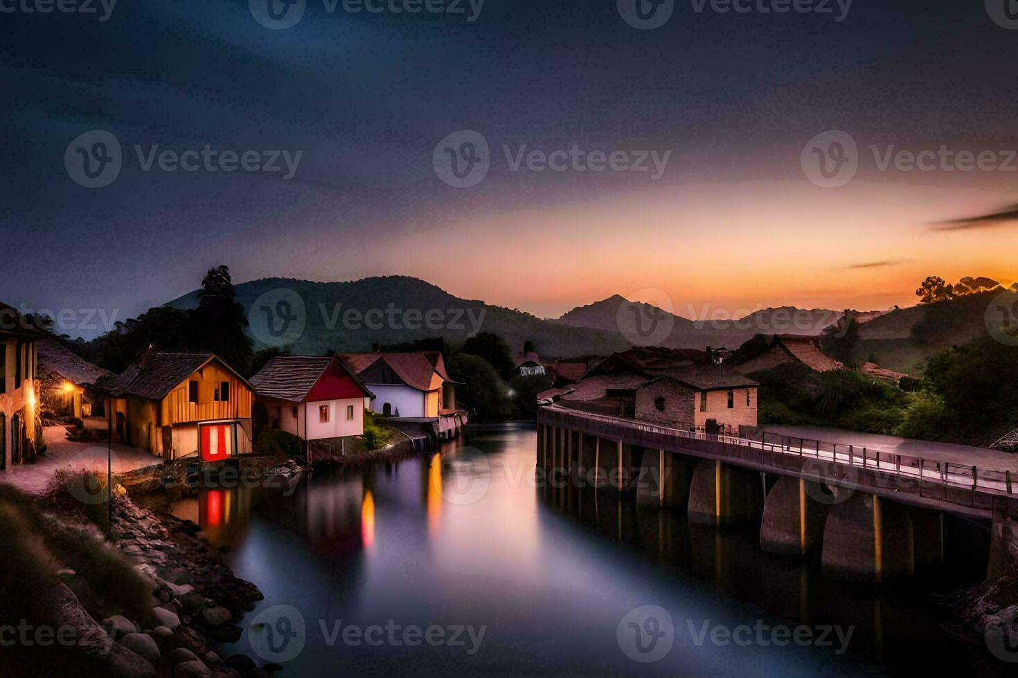 photo wallpaper the sky, water, bridge, houses, river, sunset, the village, the. AI-Generated