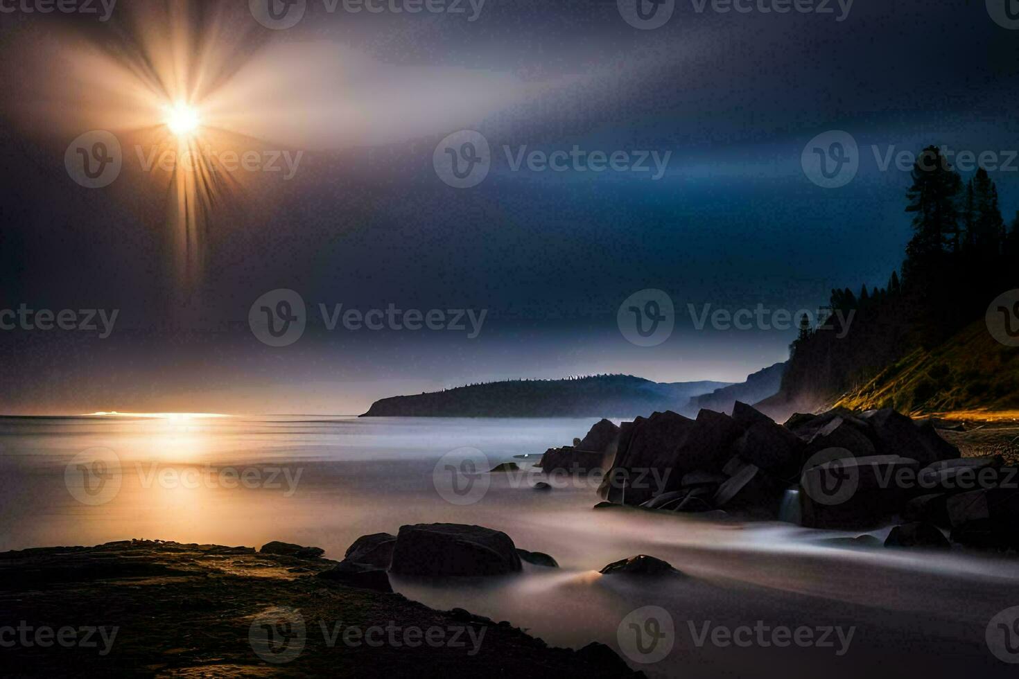 the moon shines brightly over the ocean and rocks. AI-Generated photo