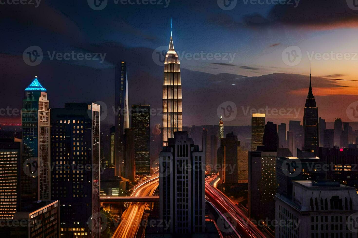 the city skyline at dusk with the petronas tower in the background. AI-Generated photo