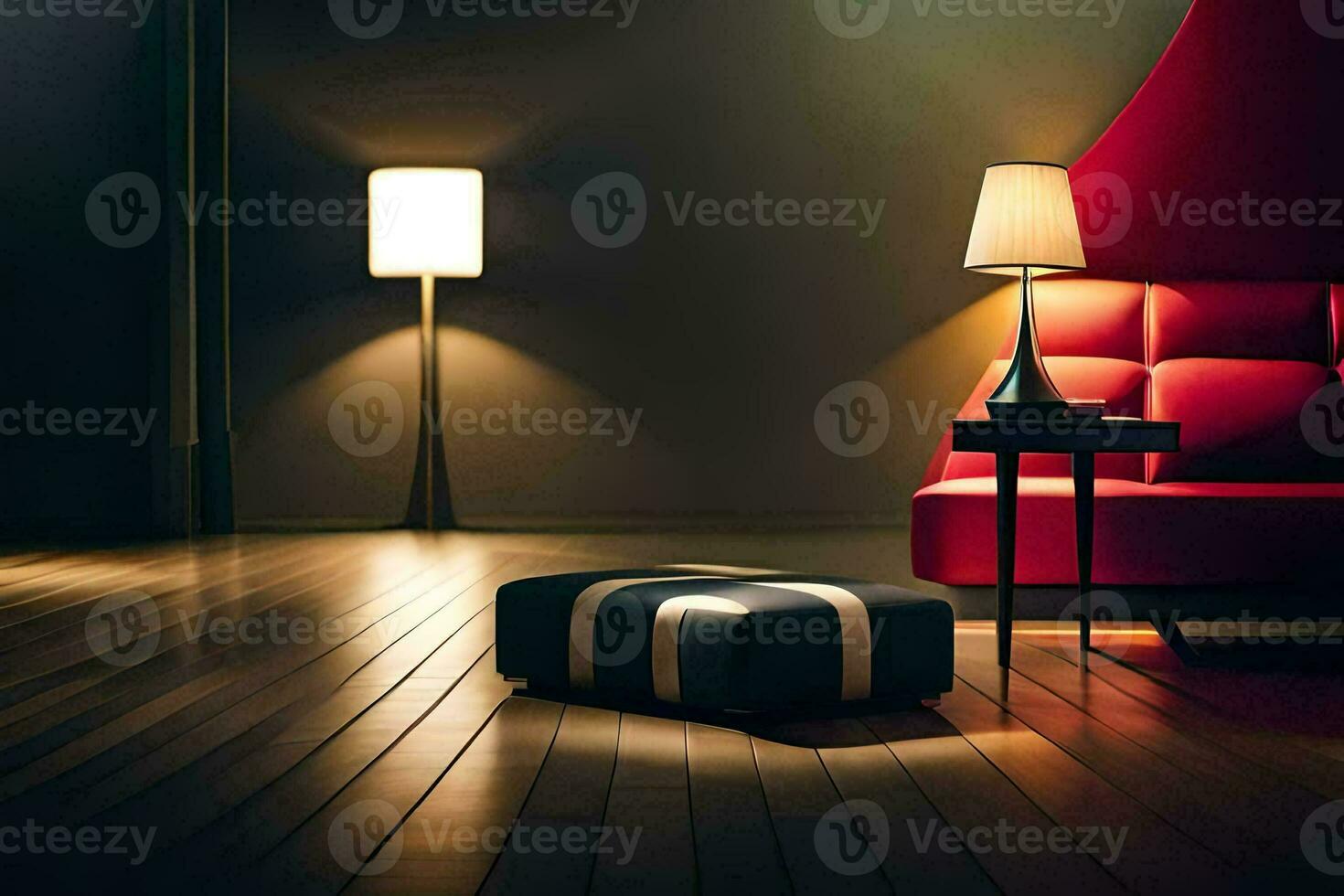 a red couch and a lamp in a dark room. AI-Generated photo