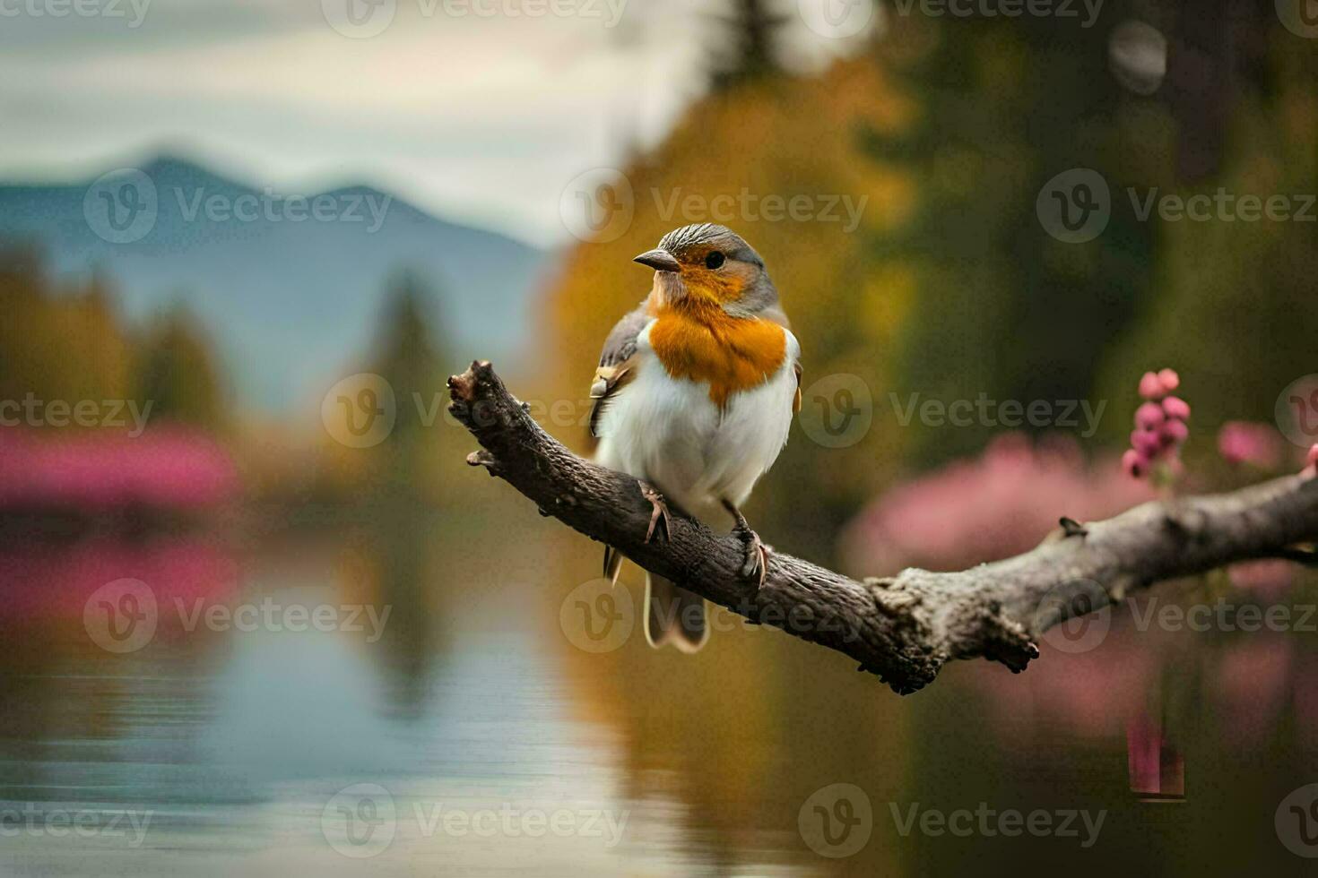 a bird sitting on a branch near a lake. AI-Generated photo