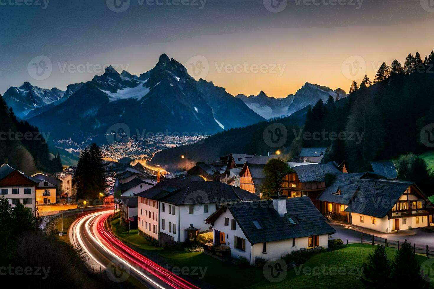 a town in the mountains at sunset. AI-Generated photo