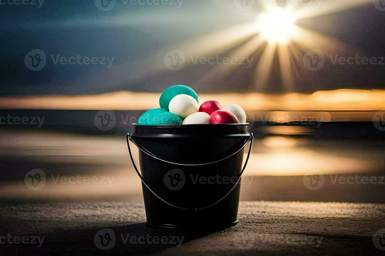 a bucket filled with colorful balls on the beach. AI-Generated photo