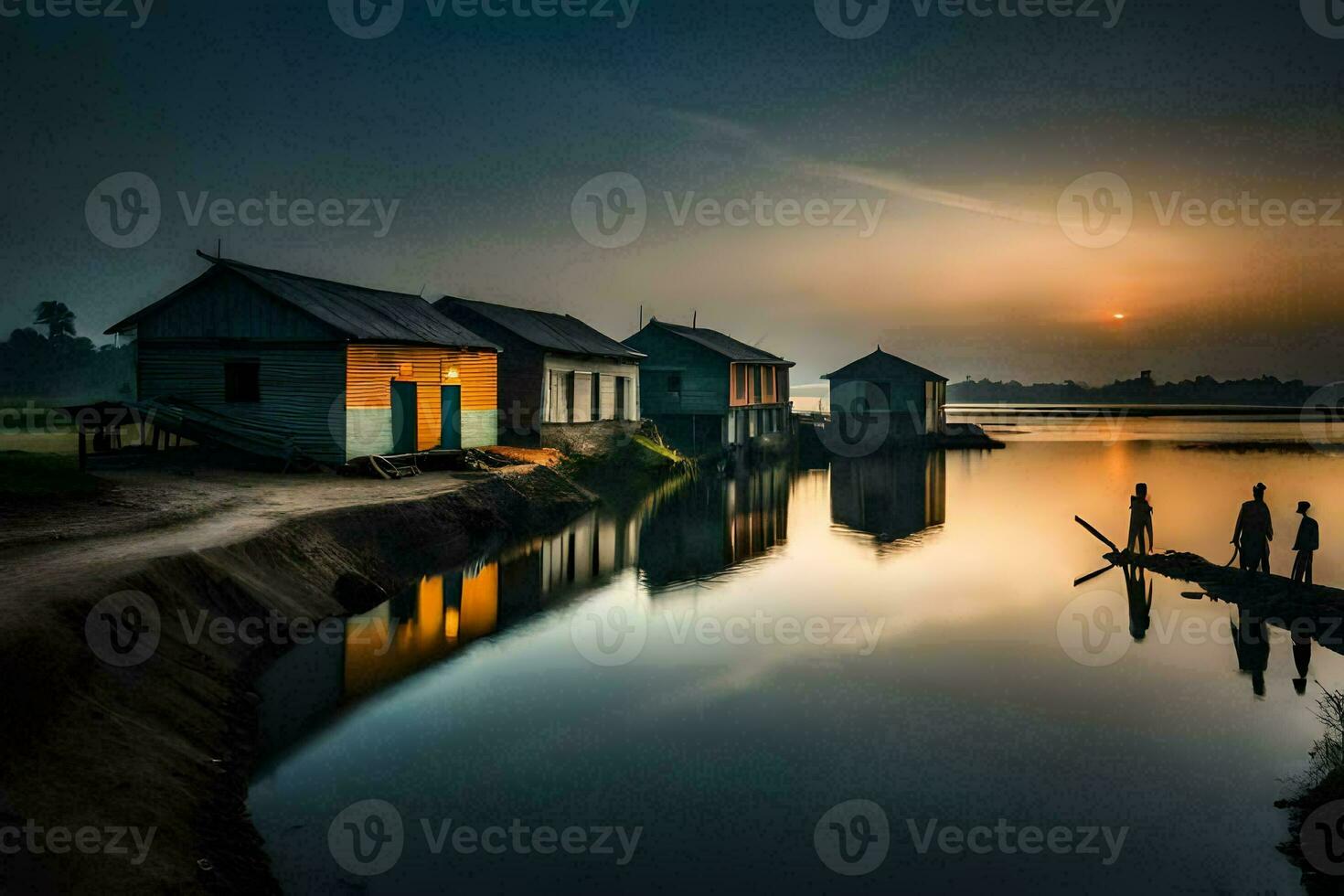 the sun sets over a lake and some houses. AI-Generated photo