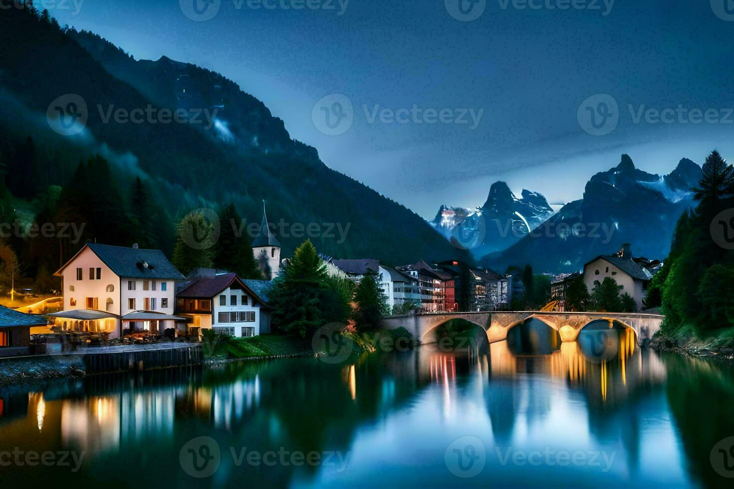 photo wallpaper the sky, mountains, water, bridge, house, town, river, lake,. AI-Generated