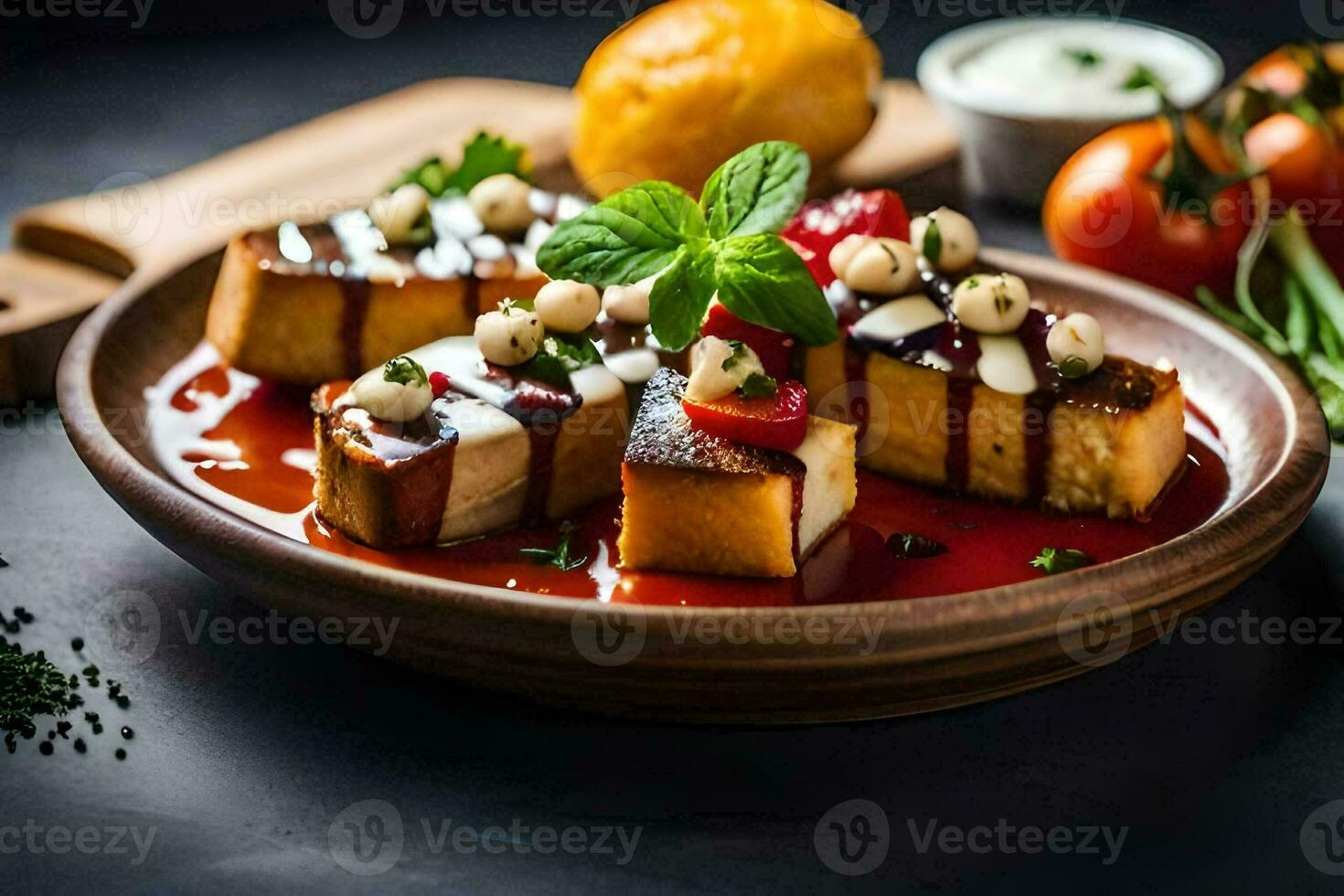 a plate of food with cheese and tomatoes. AI-Generated photo