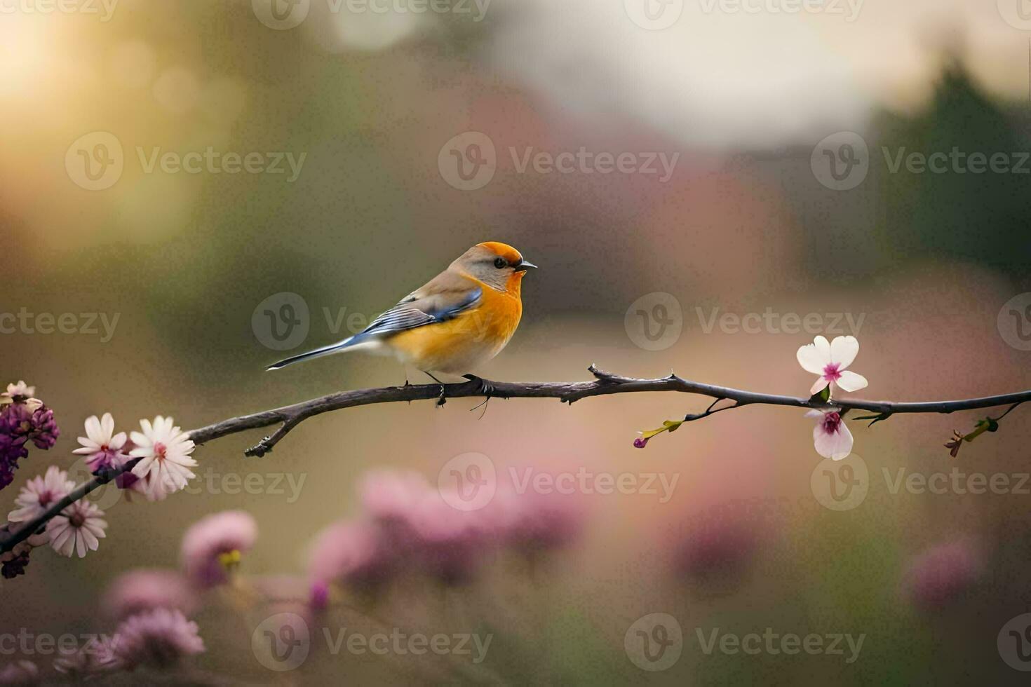 a bird sits on a branch with pink flowers. AI-Generated photo