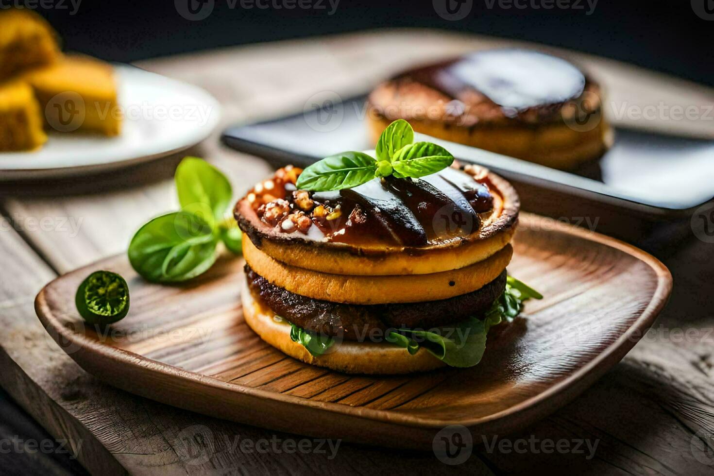 a hamburger on a plate with a slice of bread. AI-Generated photo