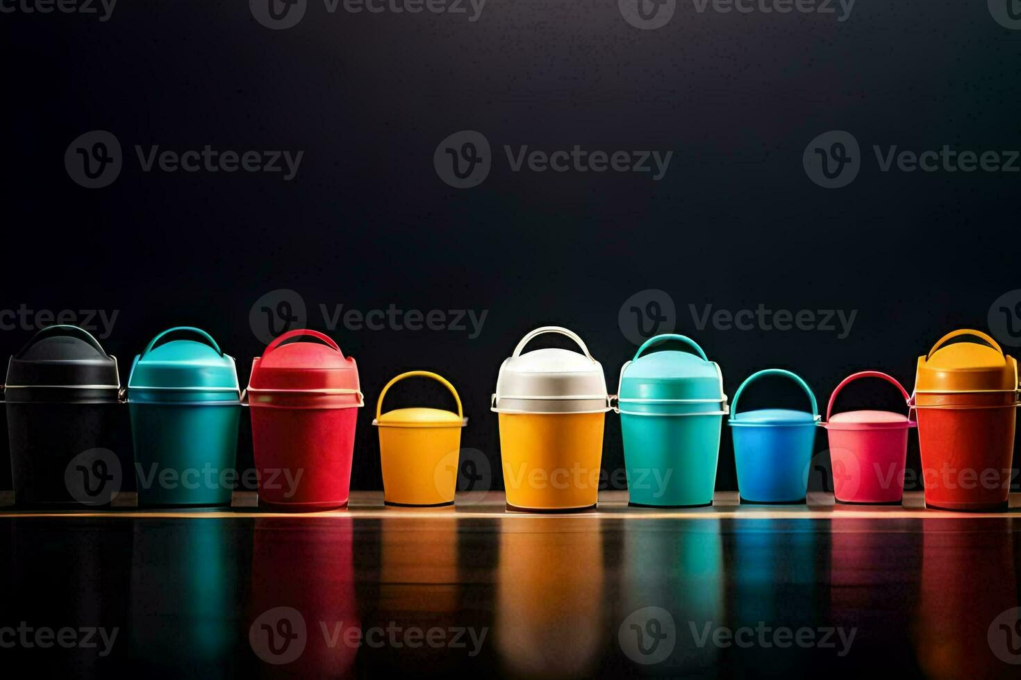 colorful plastic cups lined up on a black background. AI-Generated photo