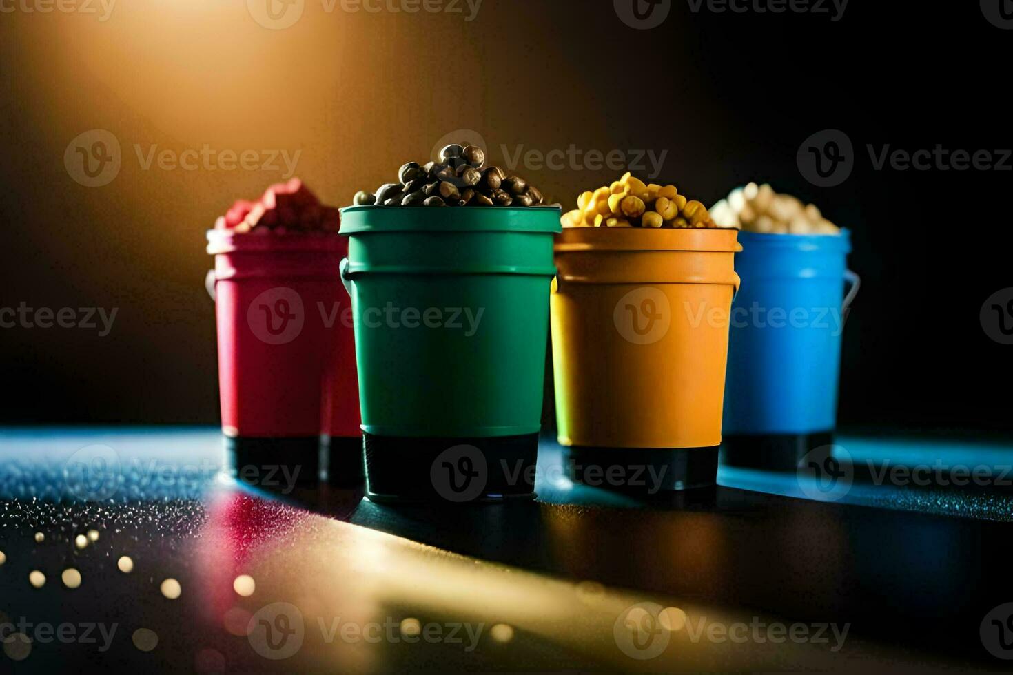three buckets of popcorn on a table. AI-Generated photo