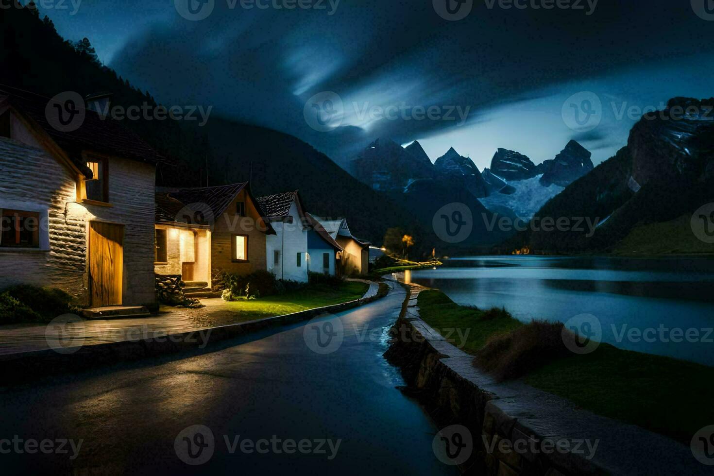 photo wallpaper the sky, mountains, lake, house, the night, the mountains, the lake. AI-Generated