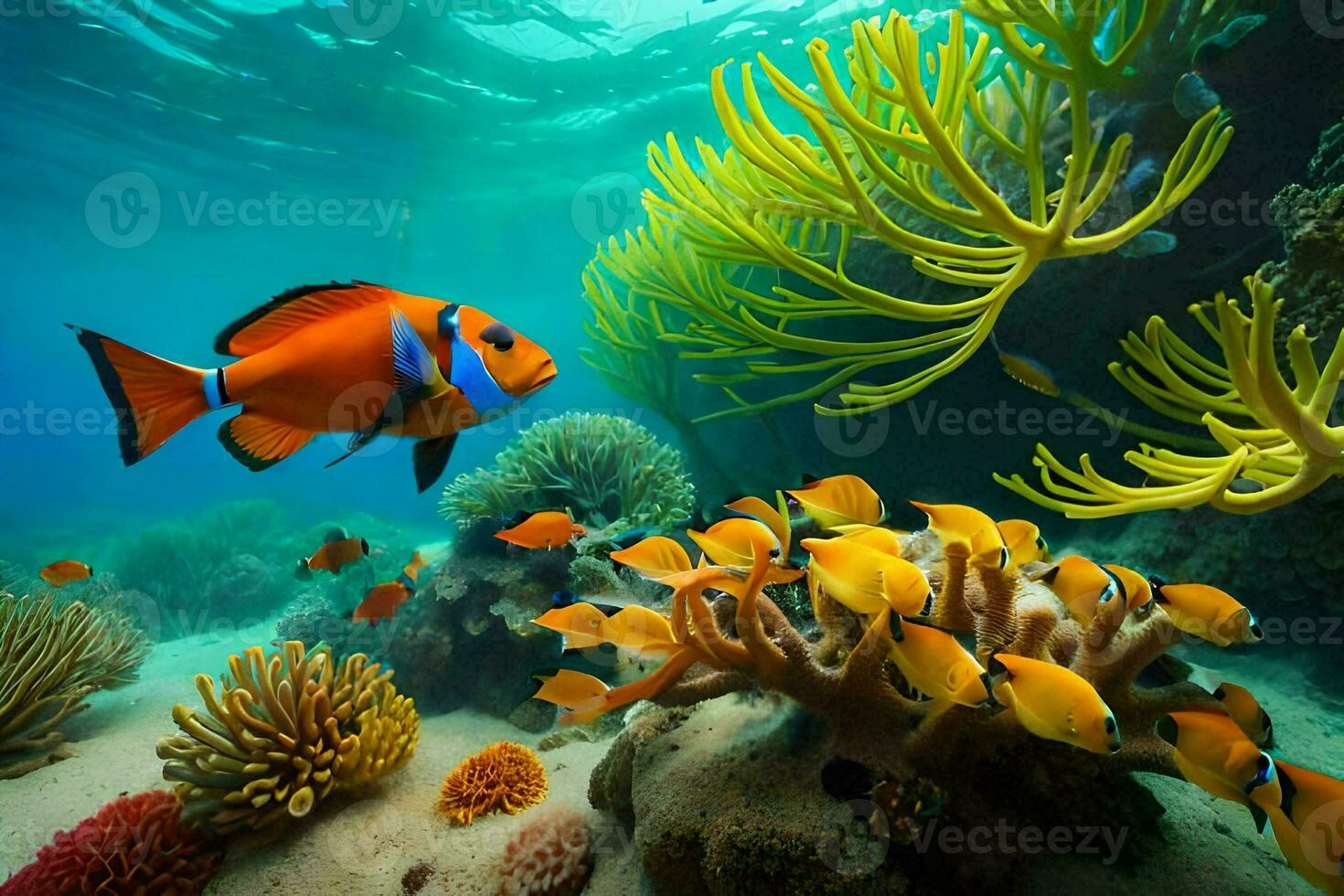 an orange clown fish swims among coral reefs. AI-Generated photo