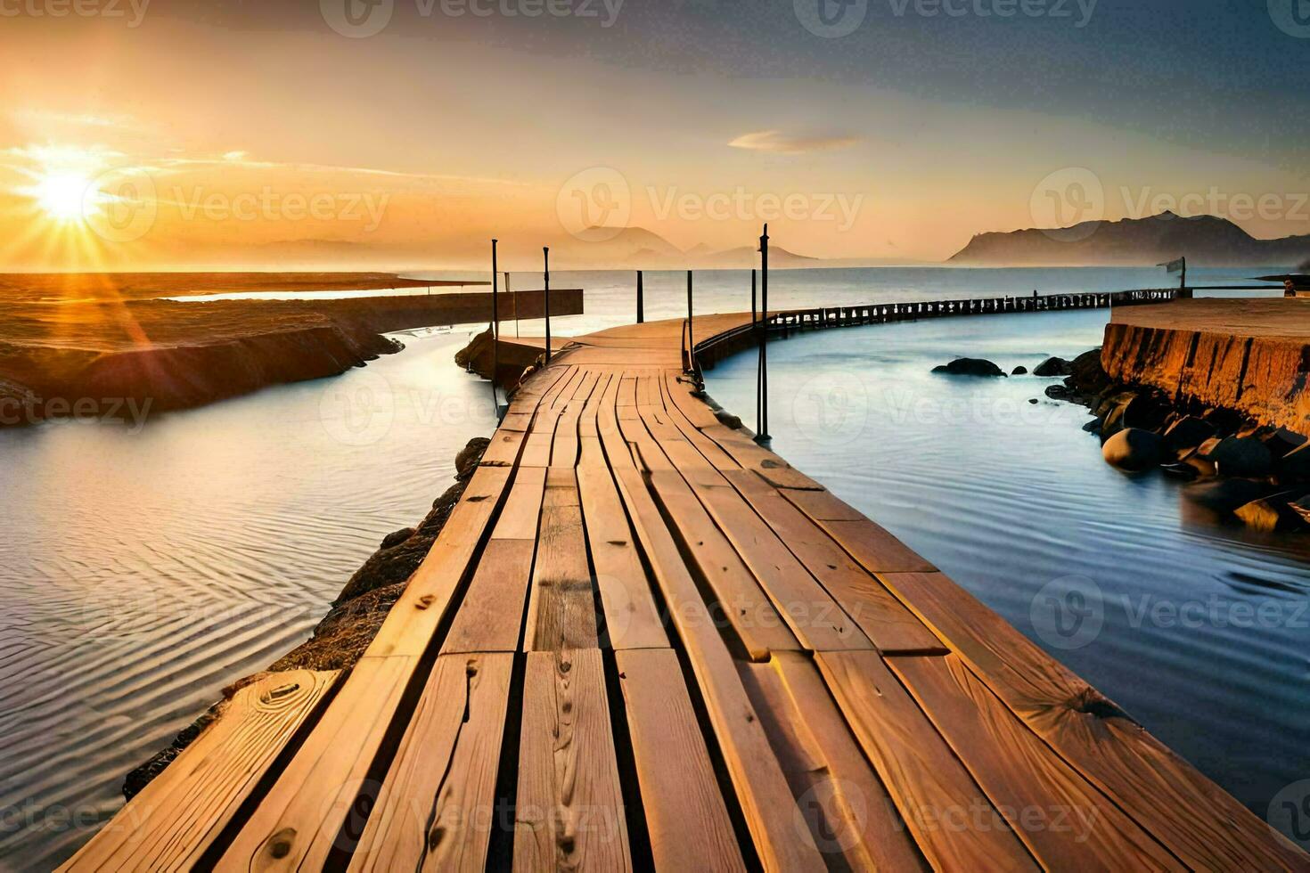 a wooden pier stretches out into the ocean at sunset. AI-Generated photo