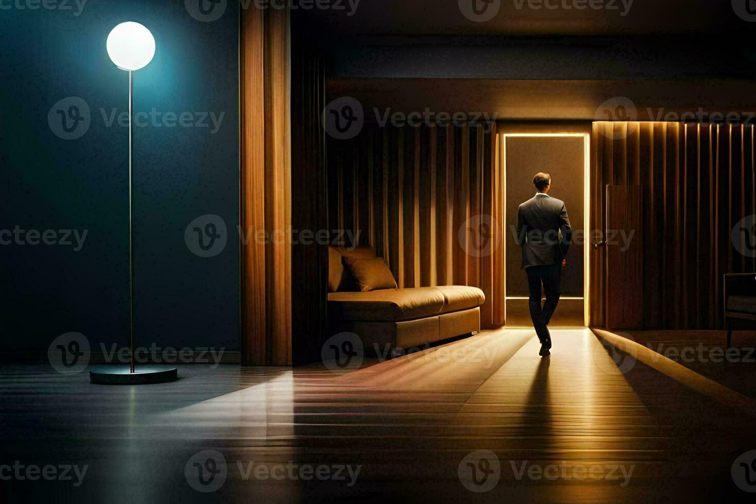 a man is walking into a room with a light on. AI-Generated photo