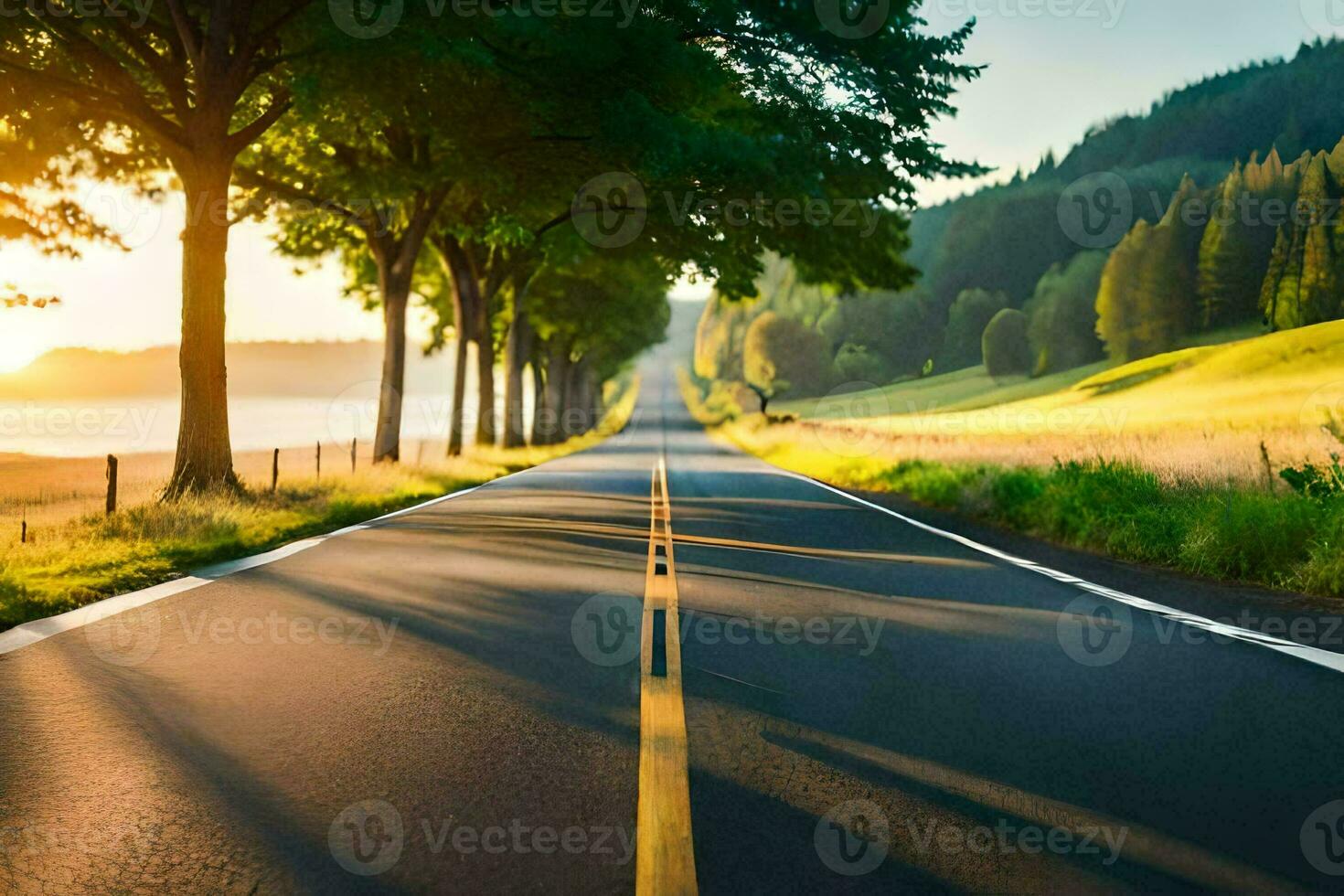 a long road with trees lining the side. AI-Generated photo