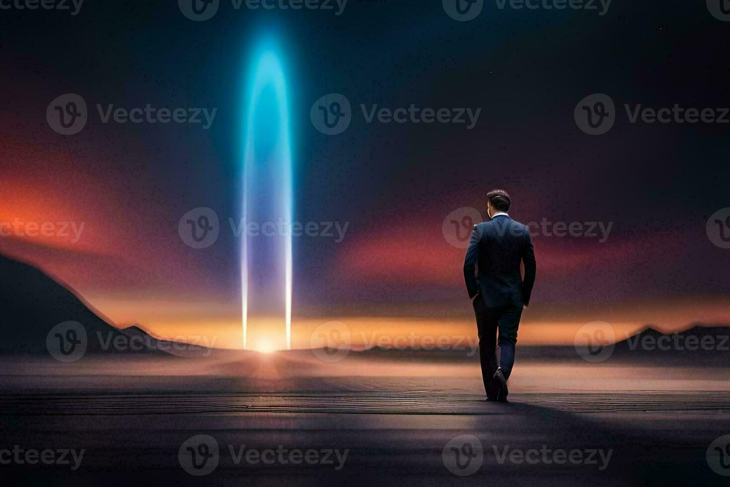 a man in a suit walks towards a rocket. AI-Generated photo