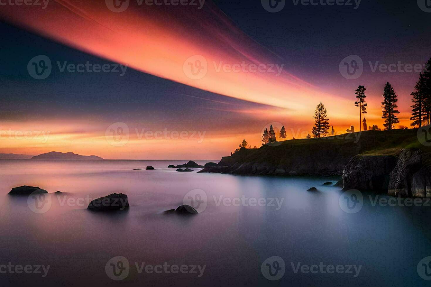 a beautiful sunset over the ocean with trees and rocks. AI-Generated photo