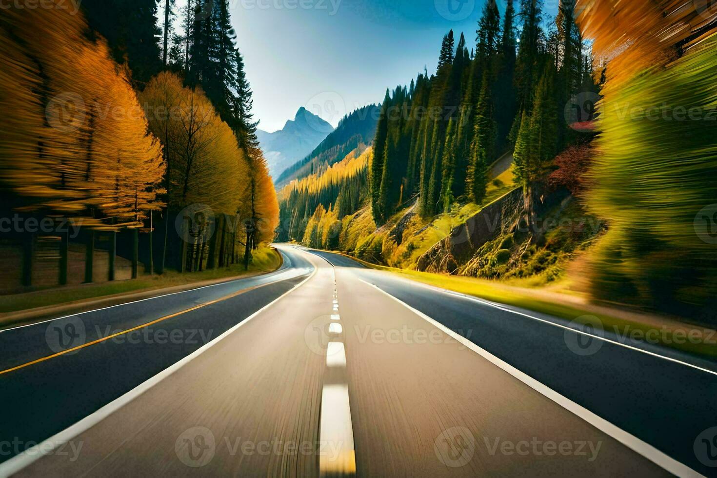 a road with trees and mountains in the background. AI-Generated photo