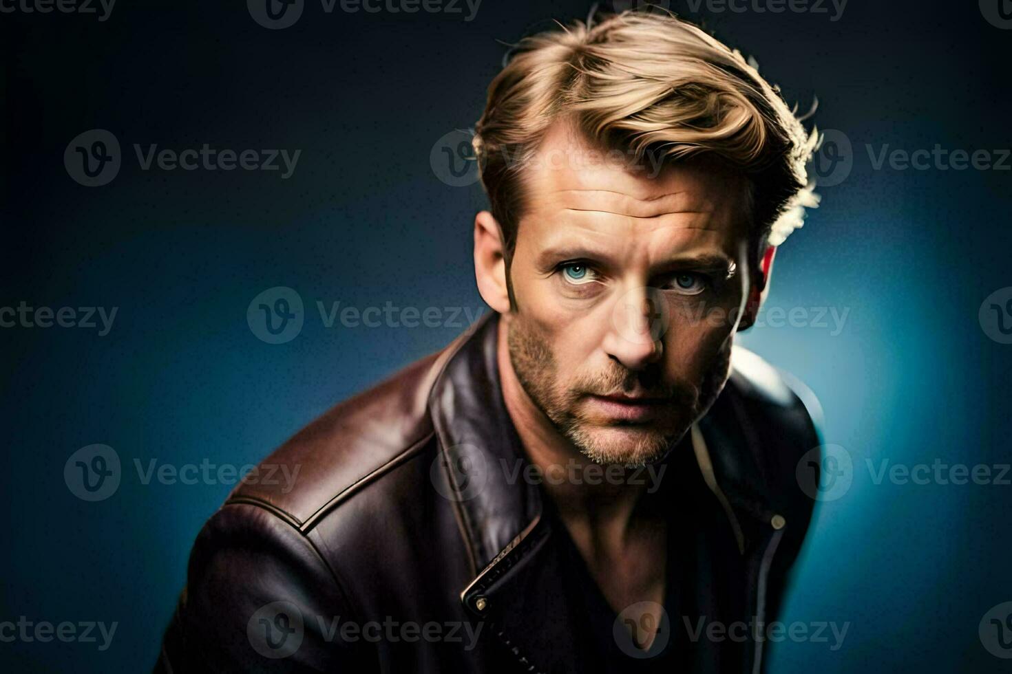 a man in a leather jacket looking at the camera. AI-Generated photo