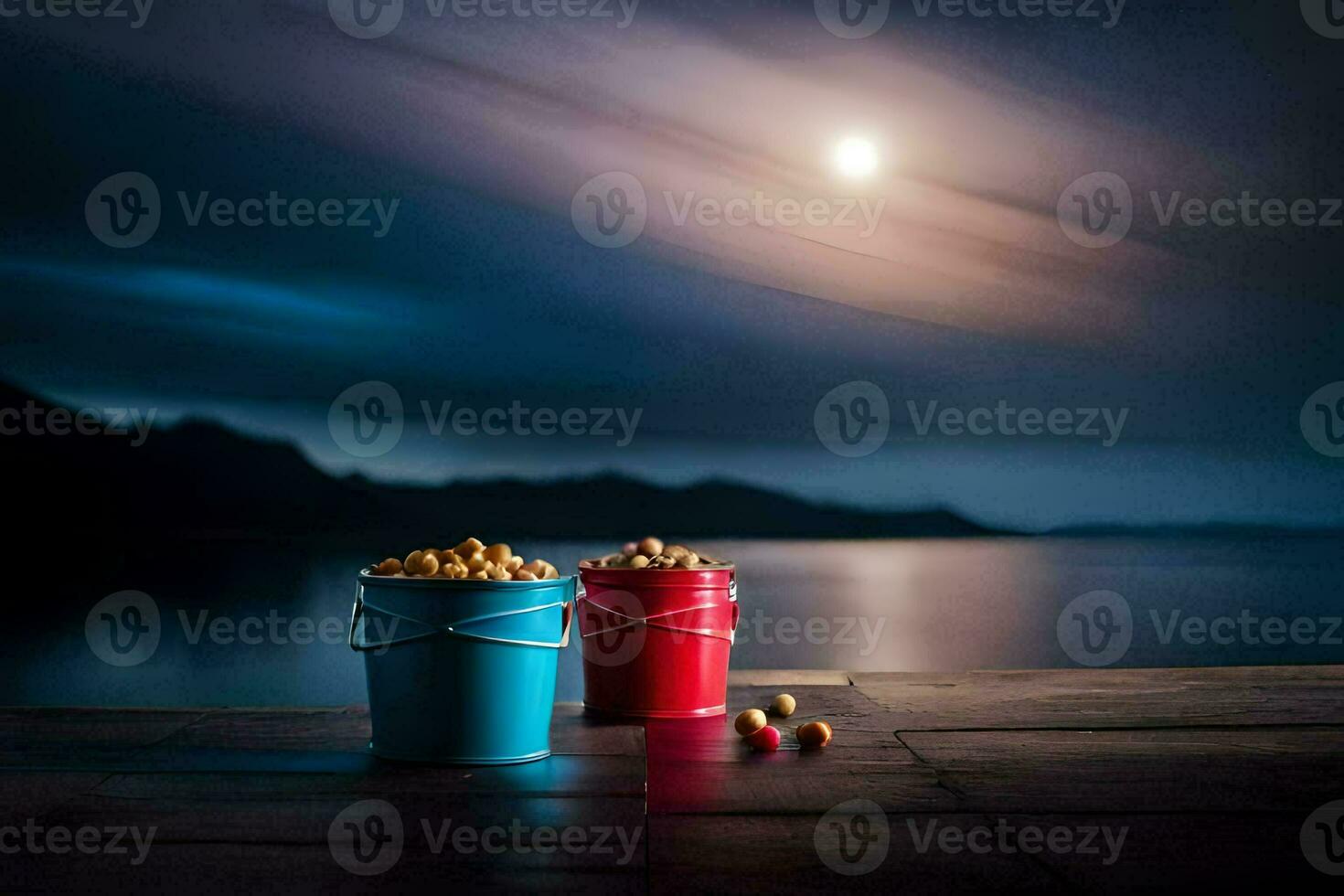 two buckets of popcorn on a dock with a full moon in the background. AI-Generated photo