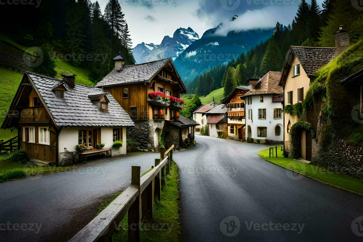 photo wallpaper the sky, mountains, road, houses, trees, mountains, the alps,. AI-Generated