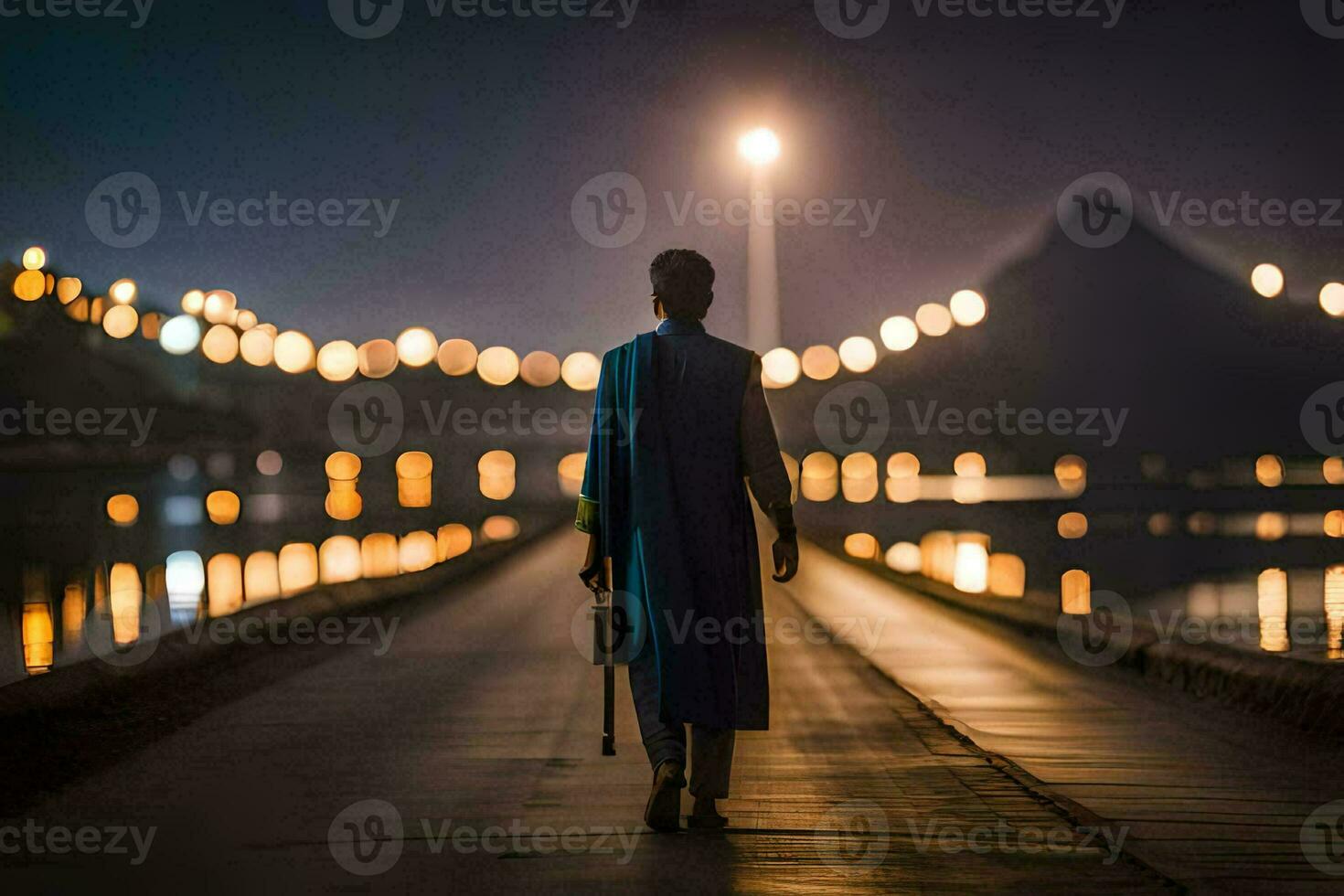 a man in a blue robe walks down a path at night. AI-Generated photo