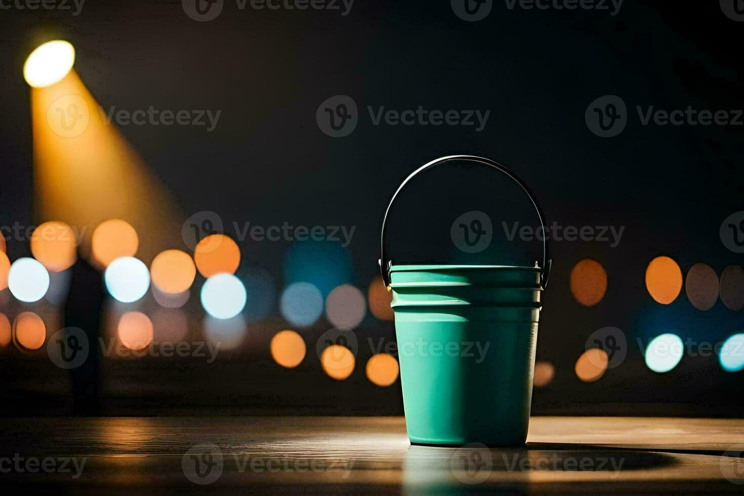 a green bucket sitting on a table in front of a blurry background. AI-Generated photo