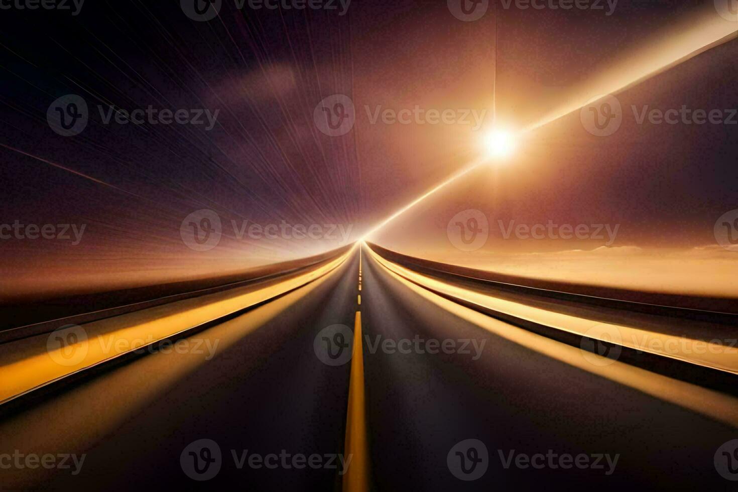 a long exposure photograph of a highway with a bright light. AI-Generated photo