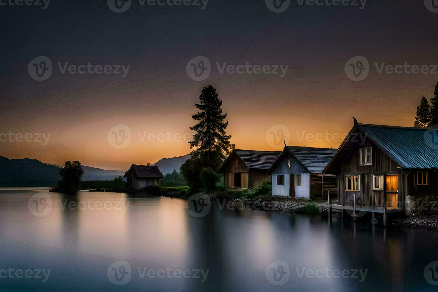 un lago con casas a puesta de sol. generado por ai foto