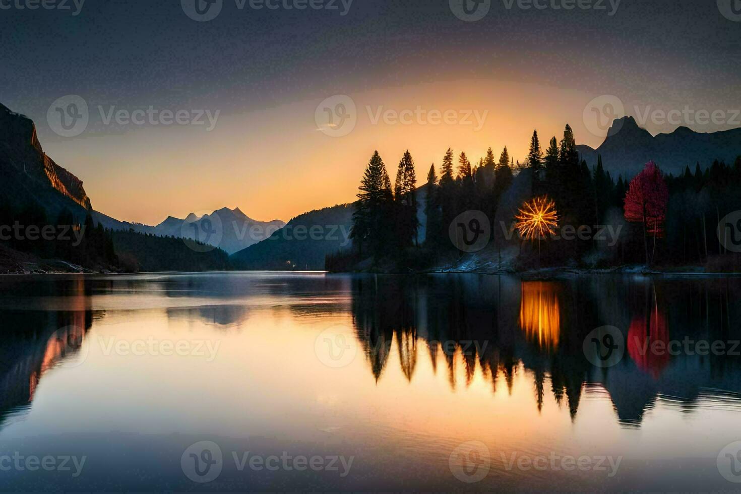 photo wallpaper the sky, trees, mountains, lake, the sun, the sky, the mountains. AI-Generated
