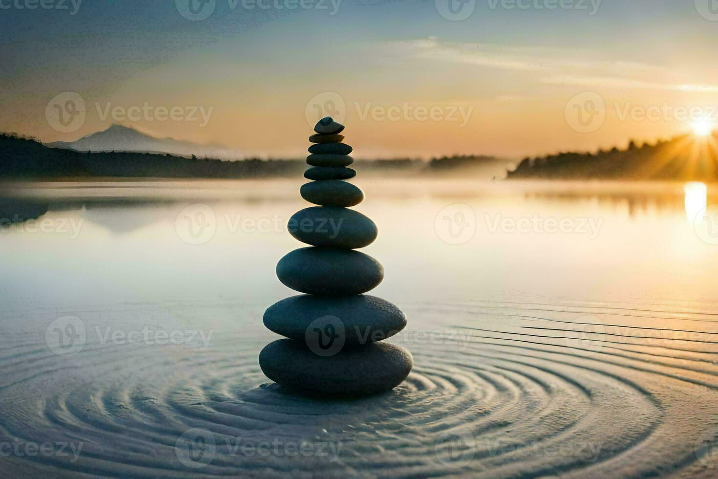 stacked stones in the water at sunset. AI-Generated photo