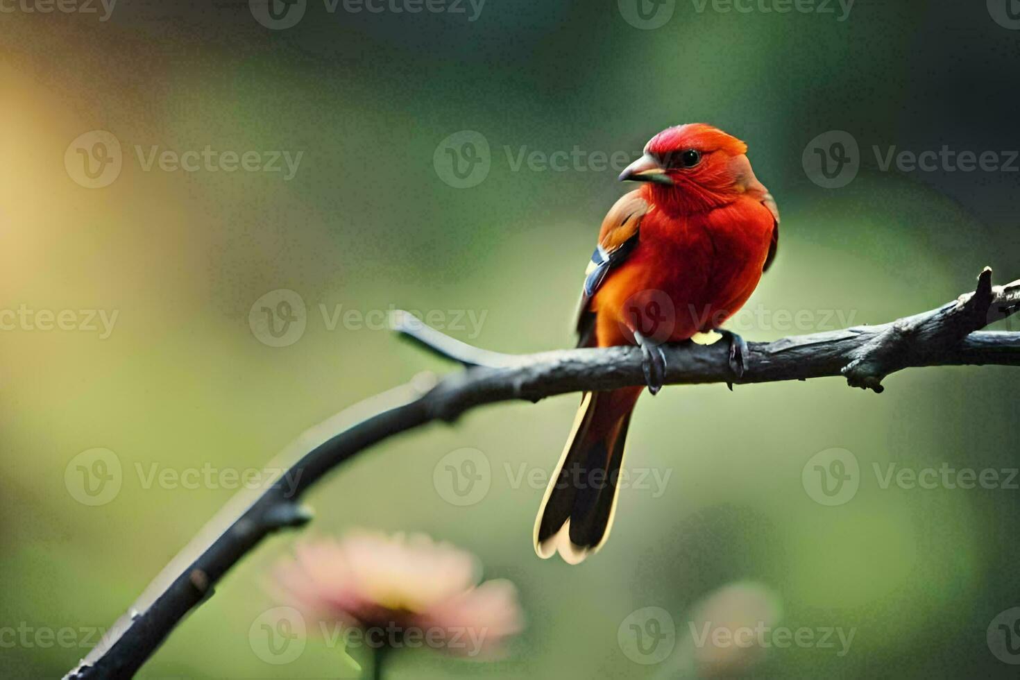 a red bird sits on a branch with a flower. AI-Generated photo