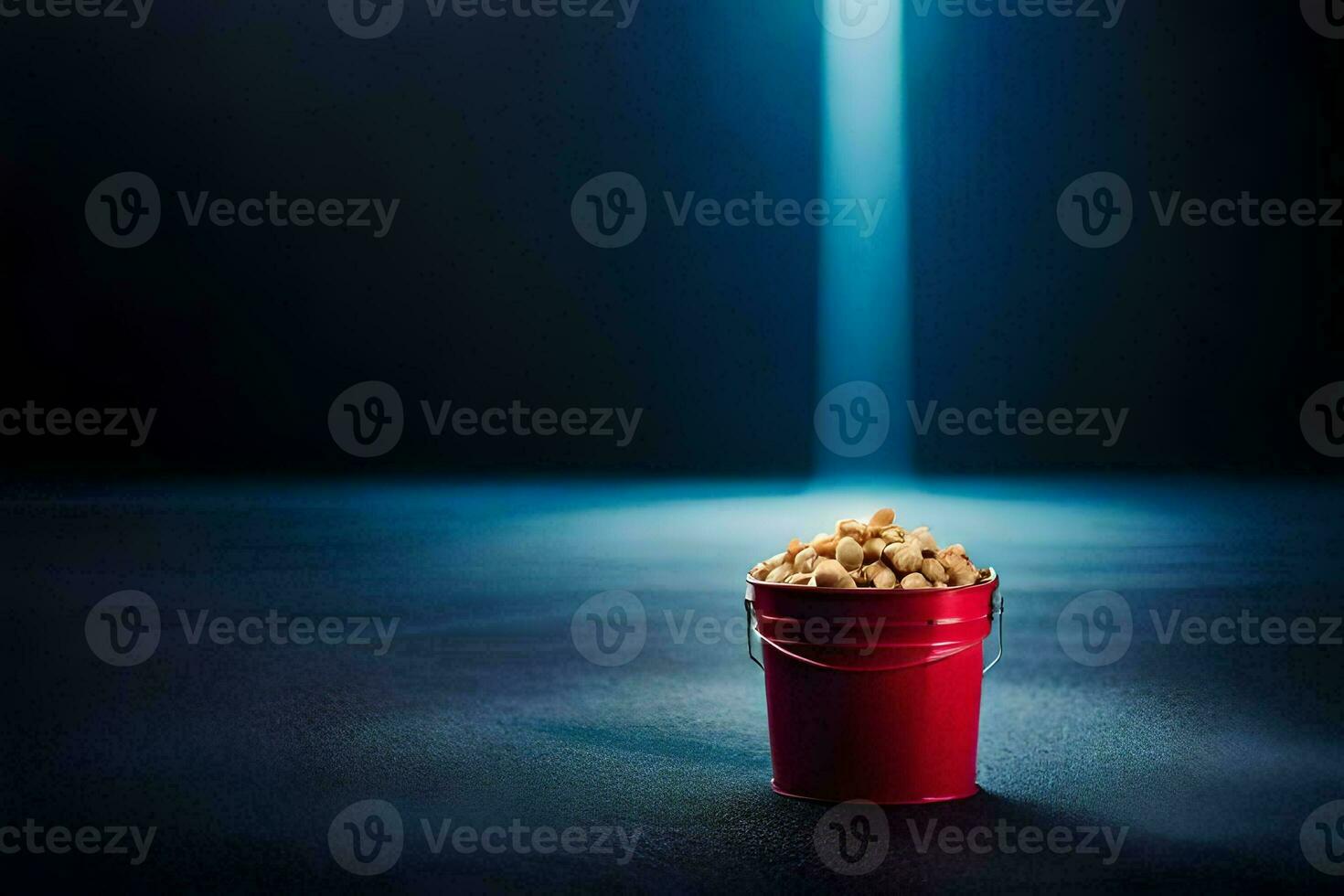 a bucket of popcorn on a dark floor. AI-Generated photo