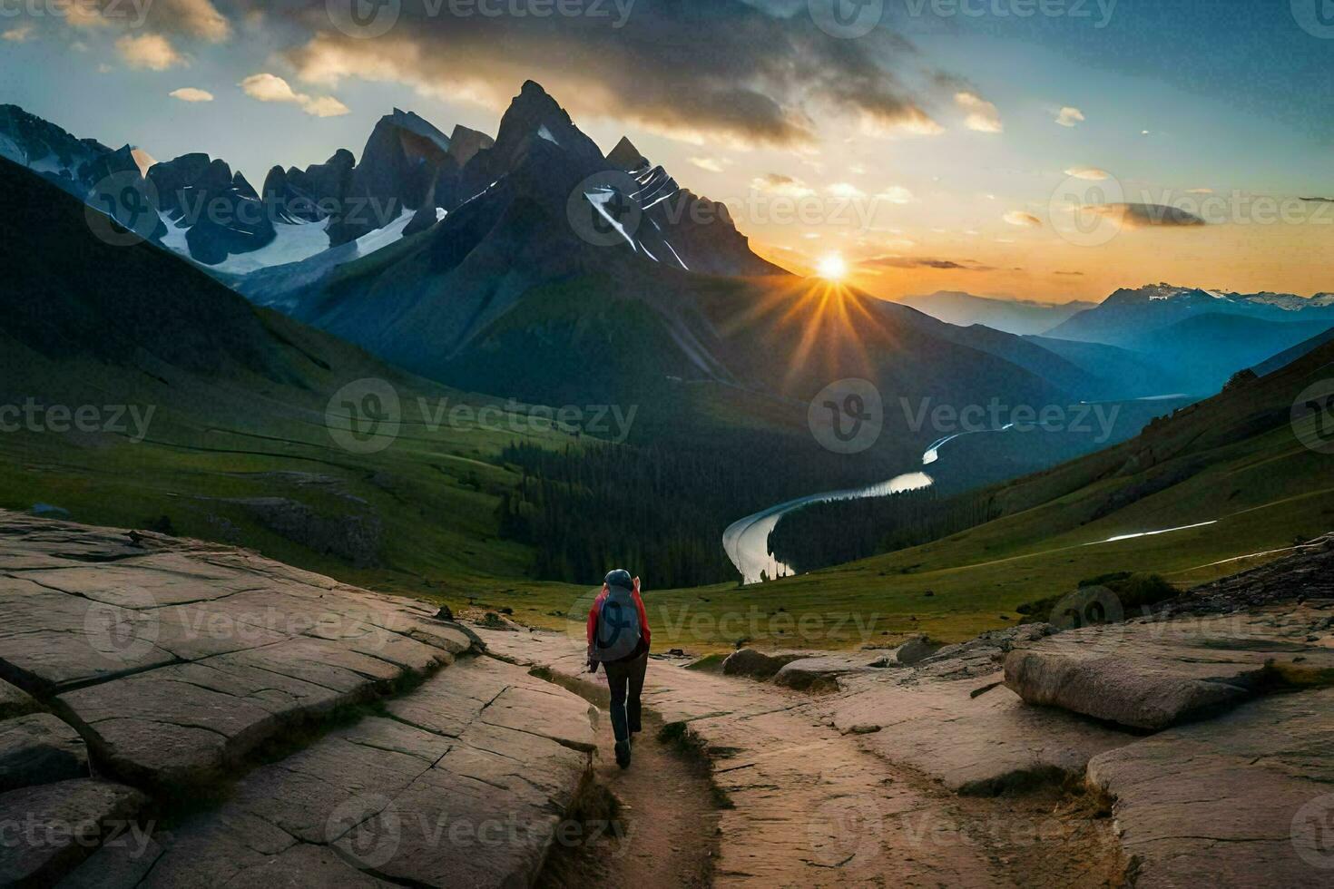 the sun rises over the mountains in the background. AI-Generated photo