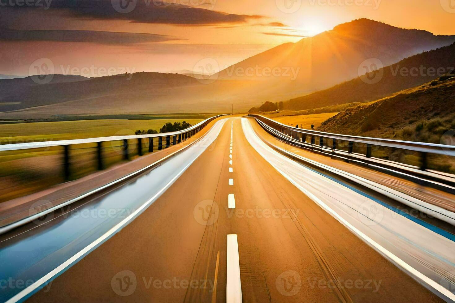 a highway with the sun setting behind it. AI-Generated photo