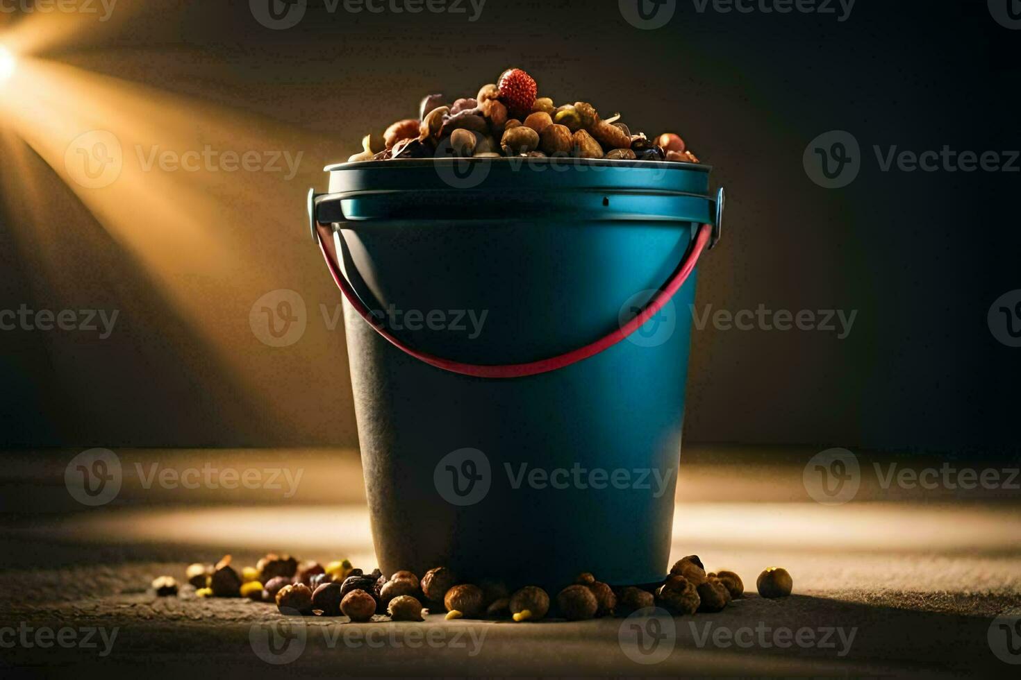 a bucket filled with nuts and nuts on a table. AI-Generated photo