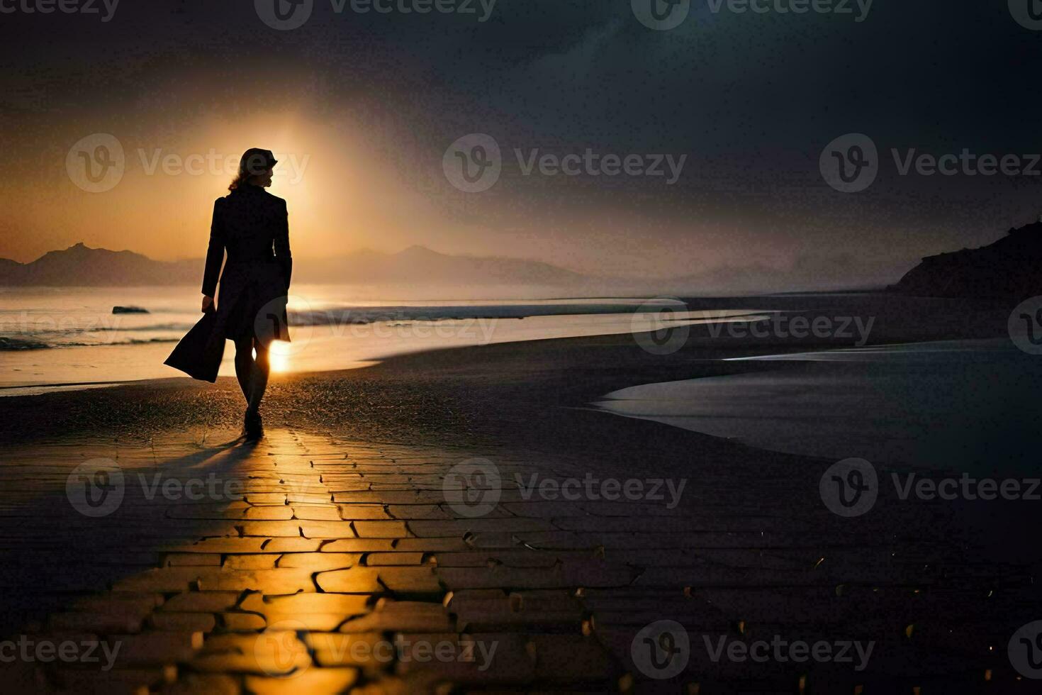 a woman walking on the beach at sunset. AI-Generated photo