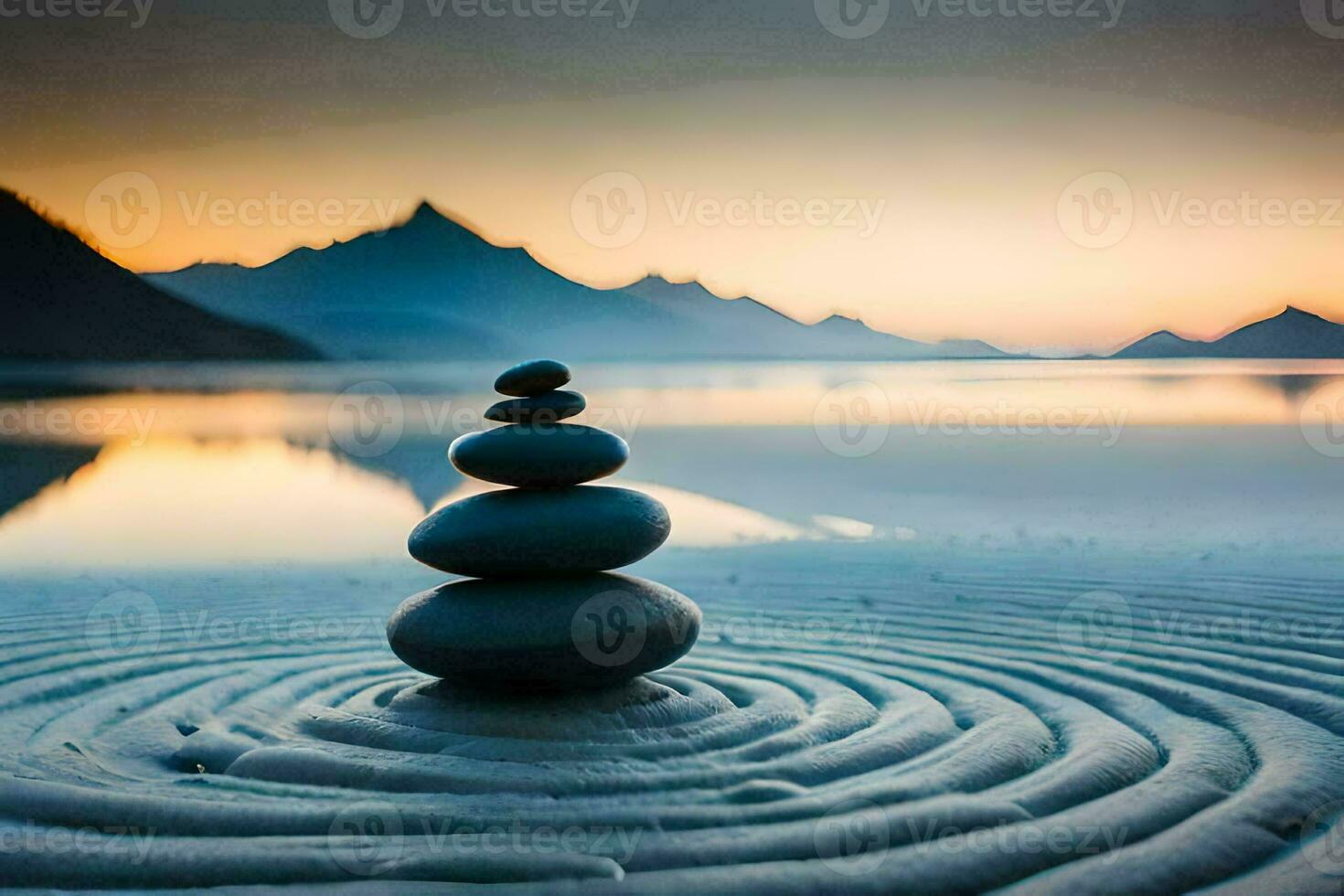 a stack of stones on the beach at sunset. AI-Generated photo