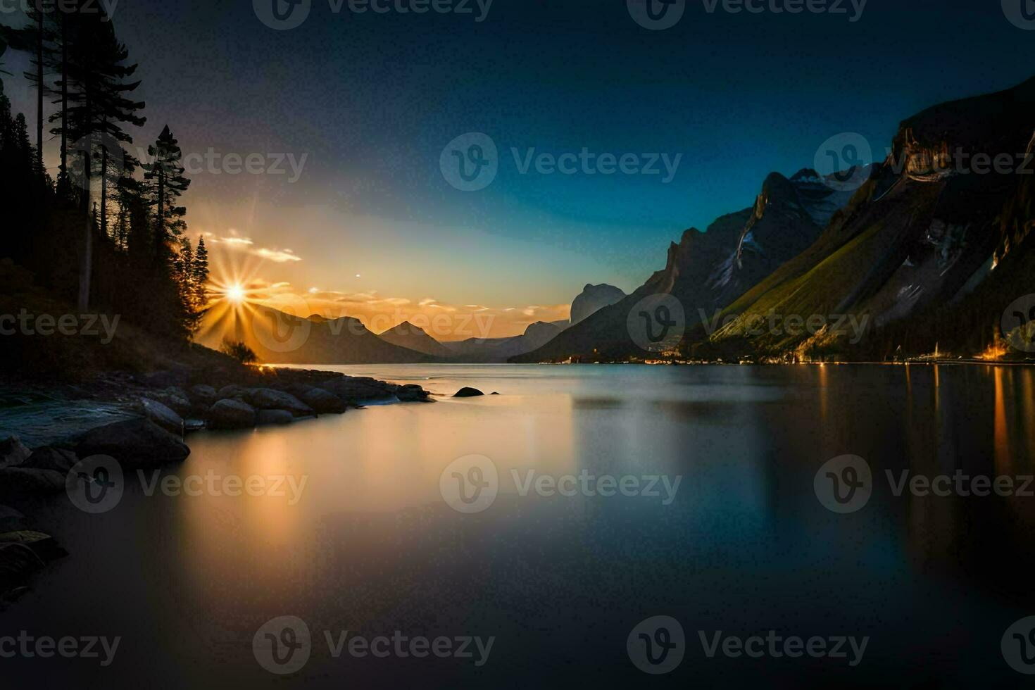 the sun sets over a lake and mountains. AI-Generated photo